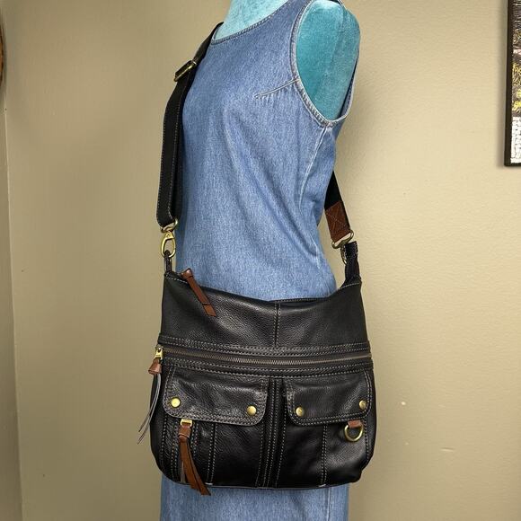 Fossil Black Brown Accent Pebbled Leather Morgan Traveler adjustable strap - Picture 1 of 16